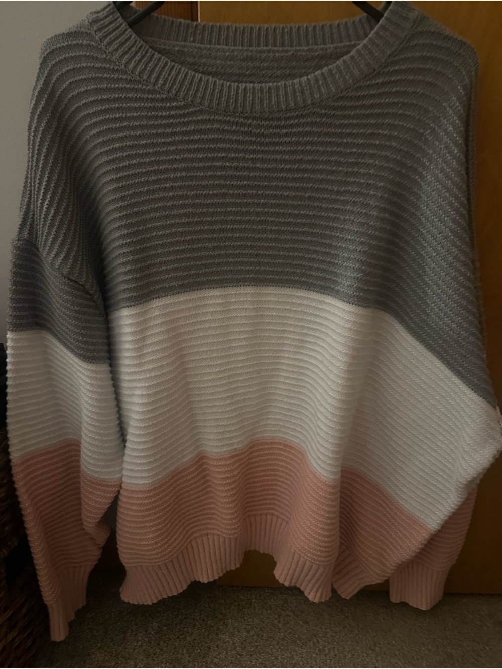 SHEIN Gray, White & Pink Ribbed Colorblock Crewneck Sweater